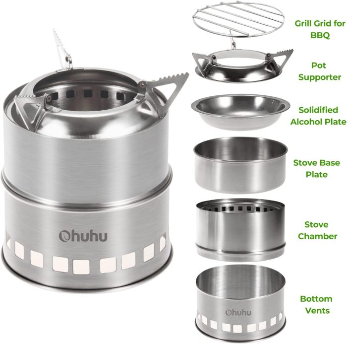 Camping Stove, Ohuhu Camp Stove Wood Burning Stove Stainless Steel Stoves Mini Portable Stove for Camping Picnic BBQ Backpacking Hiking Survival Emergency Cooking Outdoor with Grill Grid Carry Bag - Image 2