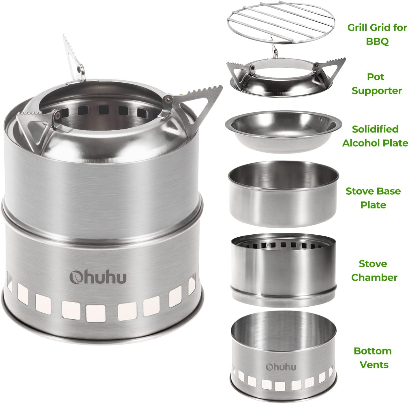 Camping Stove, Ohuhu Camp Stove Wood Burning Stove Stainless Steel Stoves Mini Portable Stove for Camping Picnic BBQ Backpacking Hiking Survival Emergency Cooking Outdoor with Grill Grid Carry Bag - Image 2
