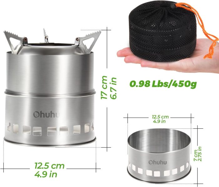 Camping Stove, Ohuhu Camp Stove Wood Burning Stove Stainless Steel Stoves Mini Portable Stove for Camping Picnic BBQ Backpacking Hiking Survival Emergency Cooking Outdoor with Grill Grid Carry Bag - Image 3