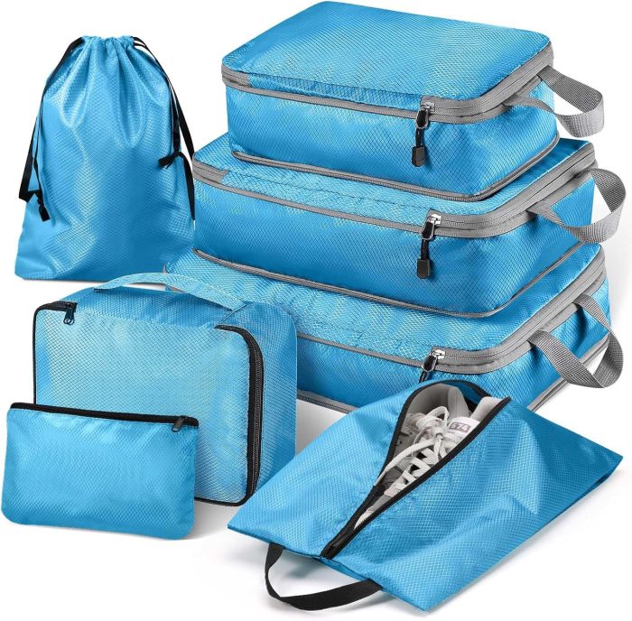Hommtina Compression Packing Cubes for Suitcases, 7 Set Travel Organizer Cubes for Women (Blue)