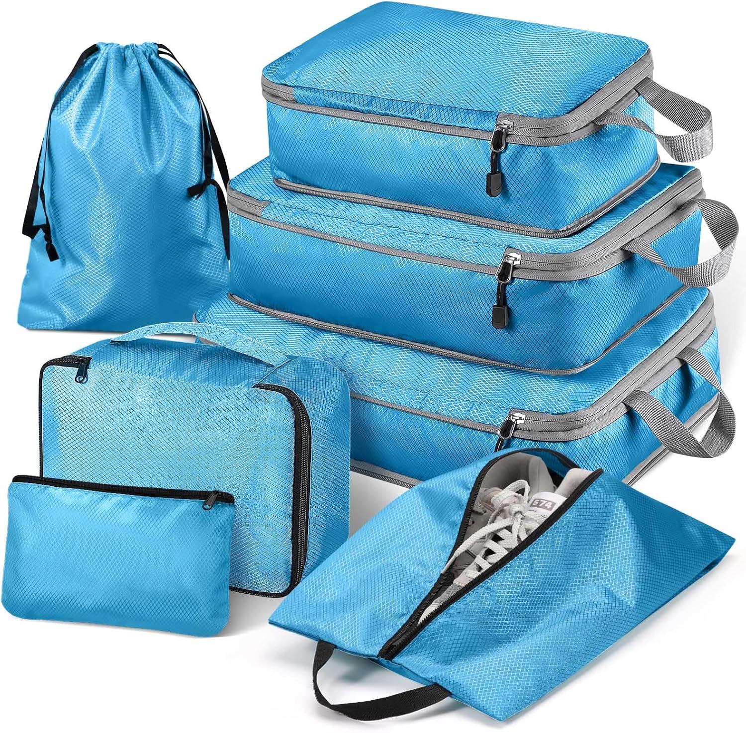 Hommtina Compression Packing Cubes for Suitcases, 7 Set Travel Organizer Cubes for Women (Blue)