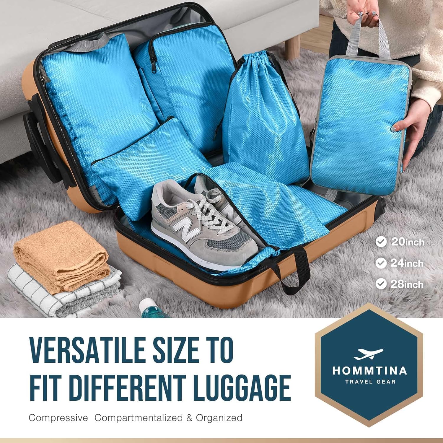 Hommtina Compression Packing Cubes for Suitcases, 7 Set Travel Organizer Cubes for Women (Blue) - Image 2