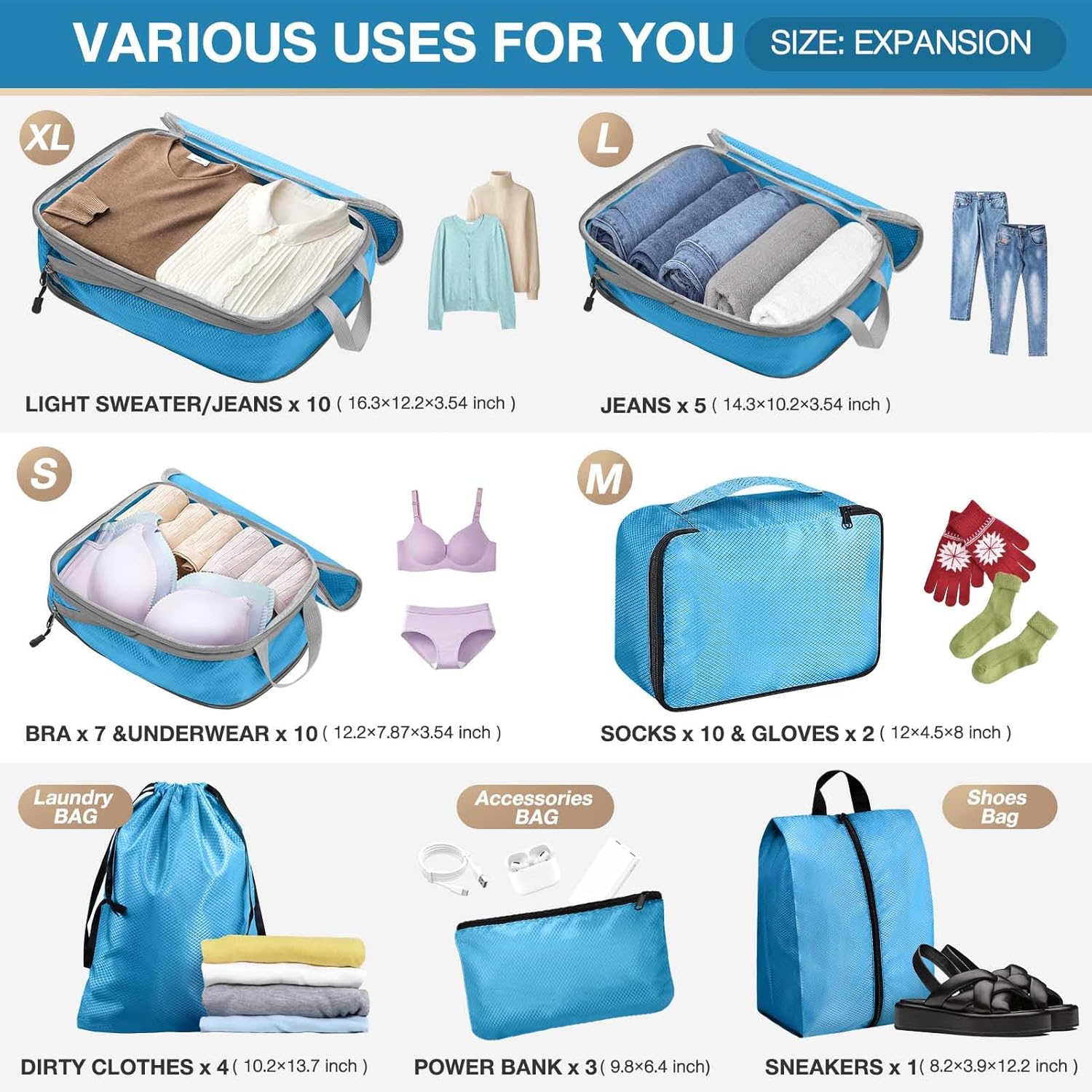 Hommtina Compression Packing Cubes for Suitcases, 7 Set Travel Organizer Cubes for Women (Blue) - Image 4
