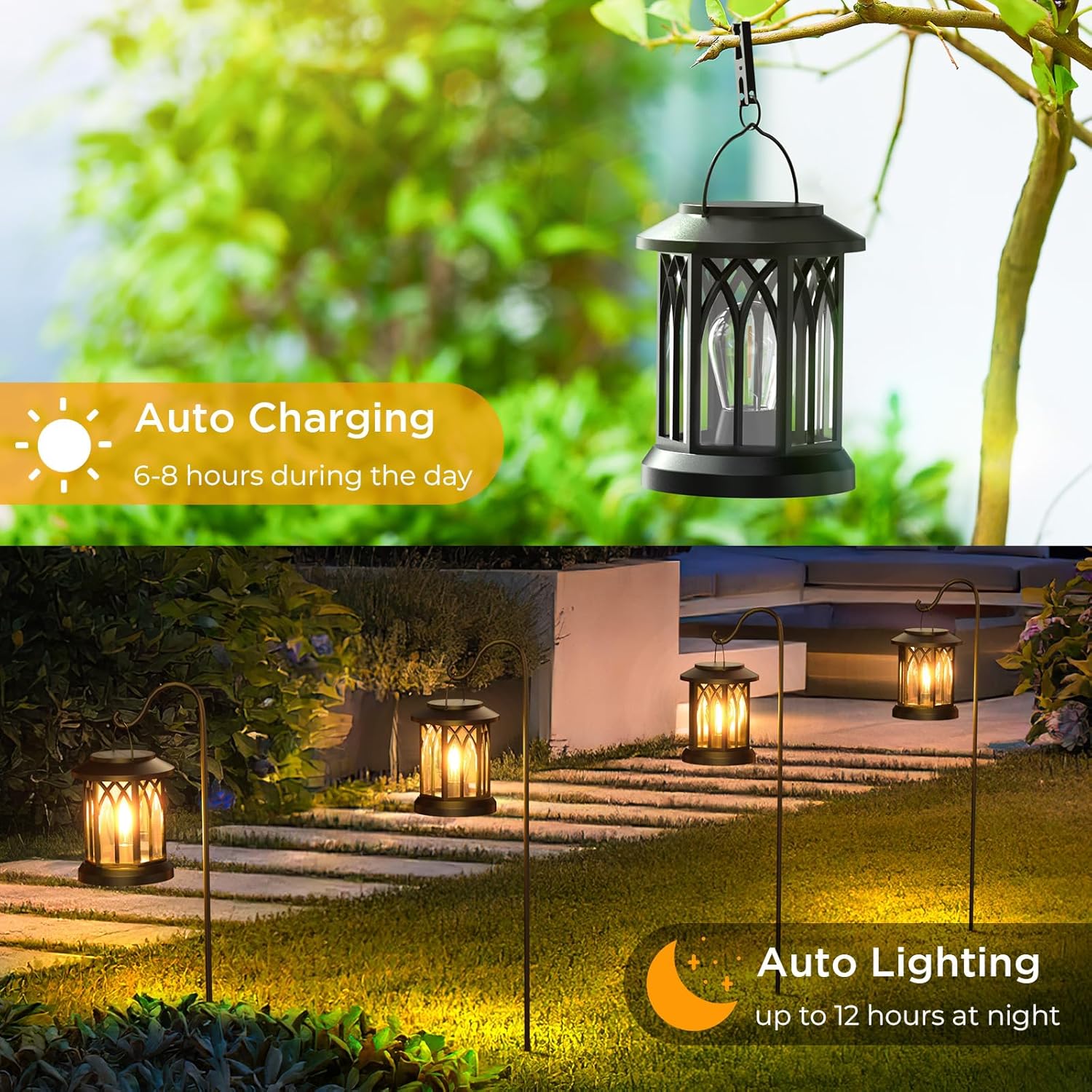 WdtPro Solar Lanterns Outdoor Hanging 4 Pack, Upgraded Bright Waterproof Lantern for Outside, Over 12Hrs Powered Lights for Garden, Yard, Patio Decor (Warm Light) - Image 3